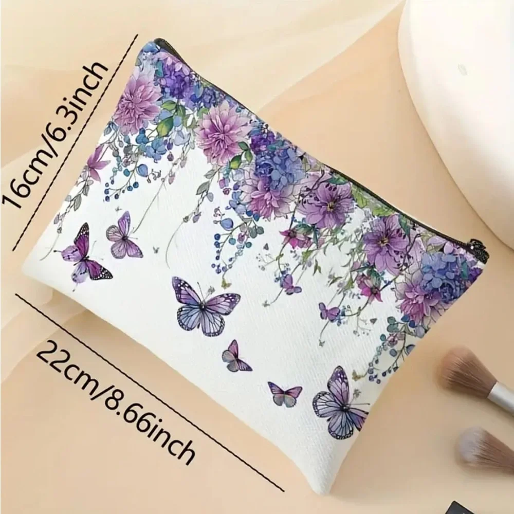 Floral Butterfly Print Makeup Pouch - White and Purple Cosmetic Bag - Picture 4 of 4